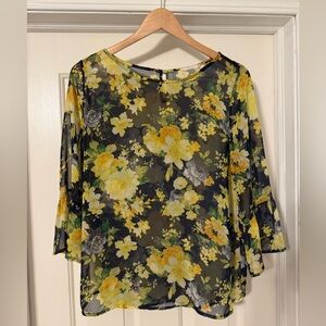 Le Lis Floral Sheer Women's Top - Yellow and Navy